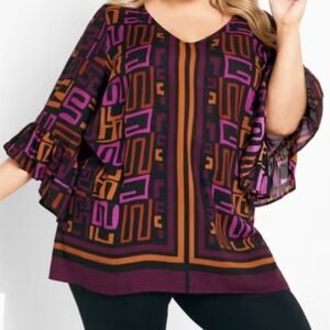 Avenue Strike A Pose Tunic In Plum Spice Geo Plus Size Top Bell Sleeve Blouse